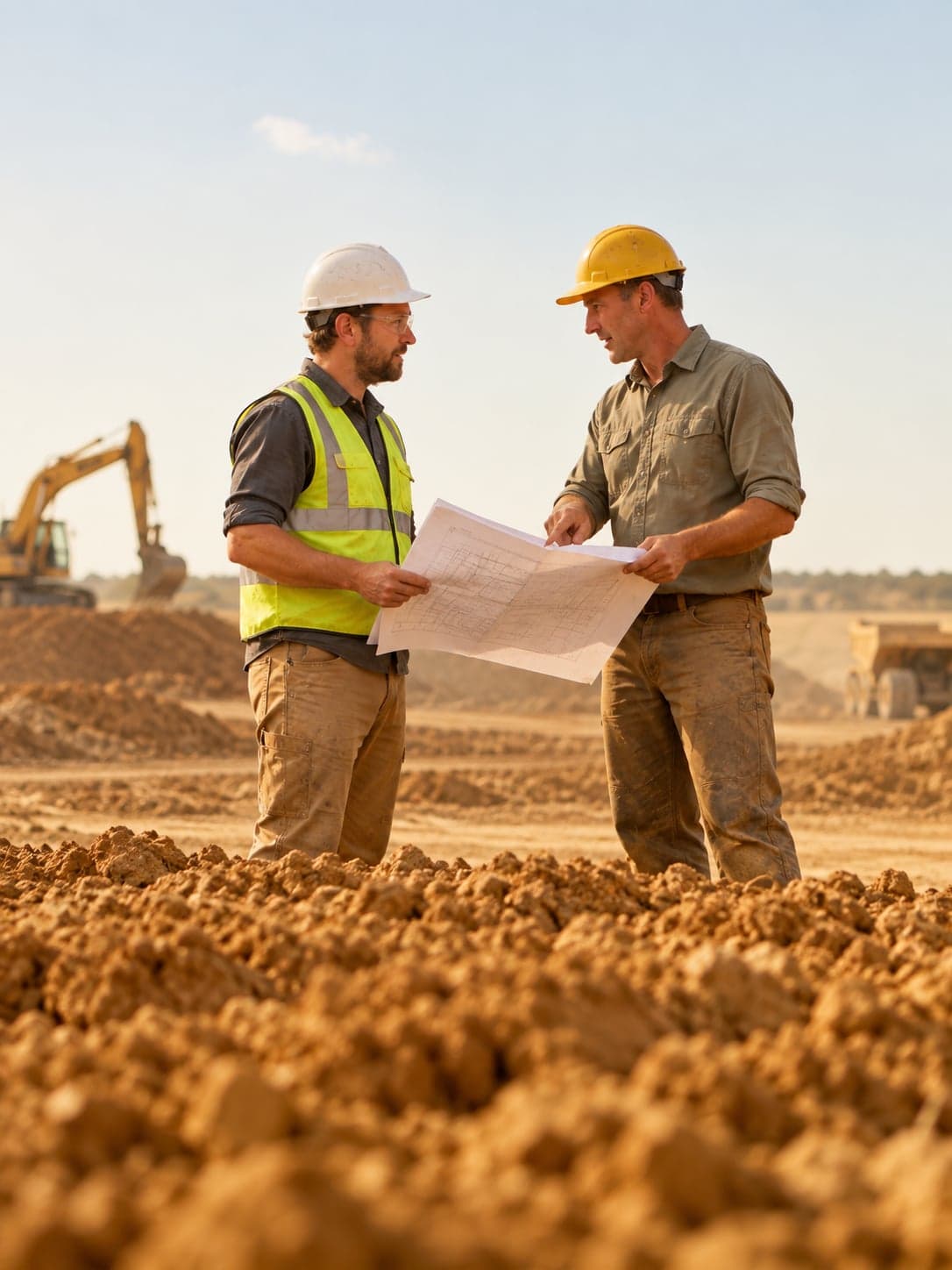 Jefes de obra revisando planos en terreno