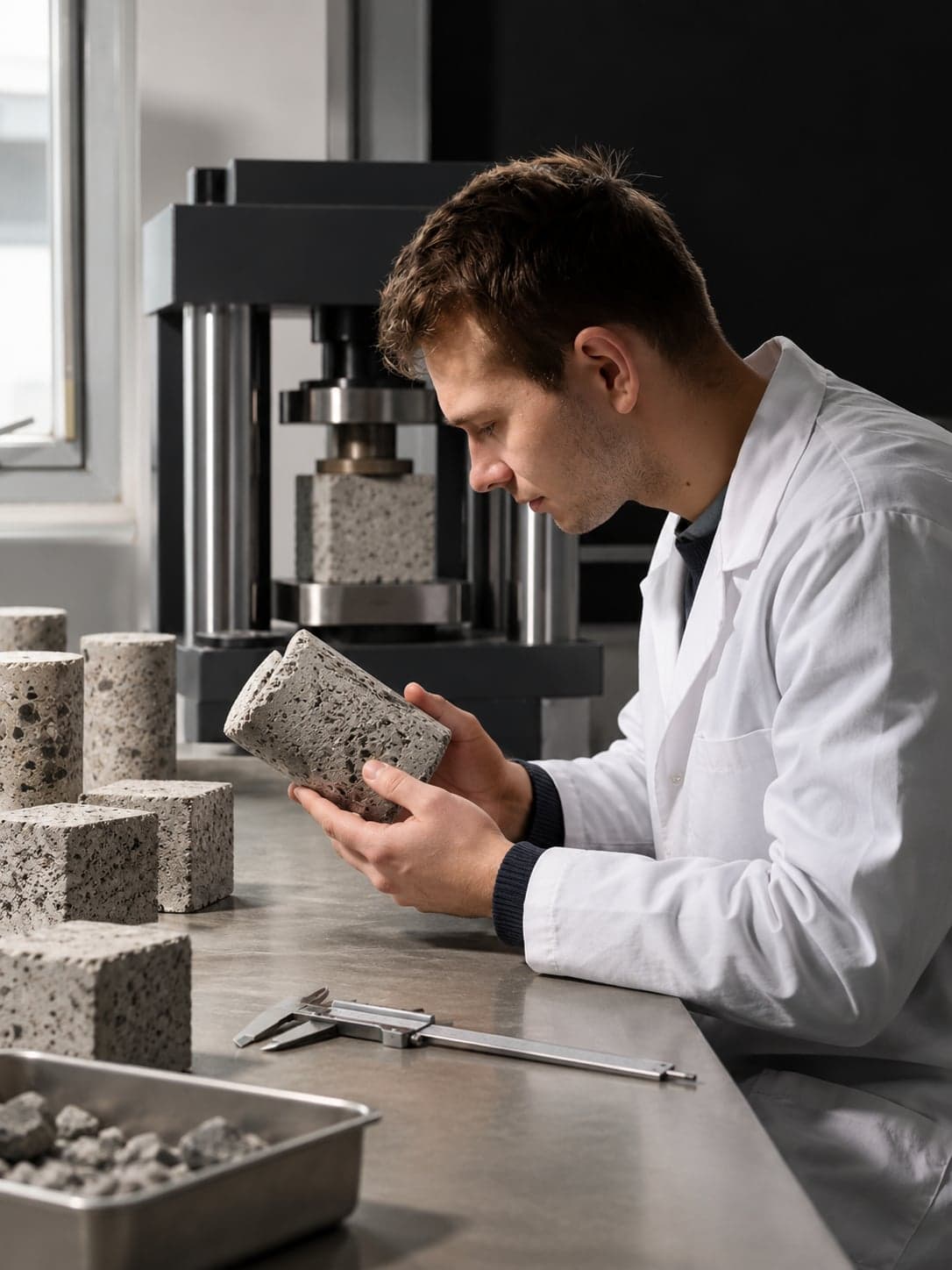 Ingeniero analizando probetas de hormigón en laboratorio
